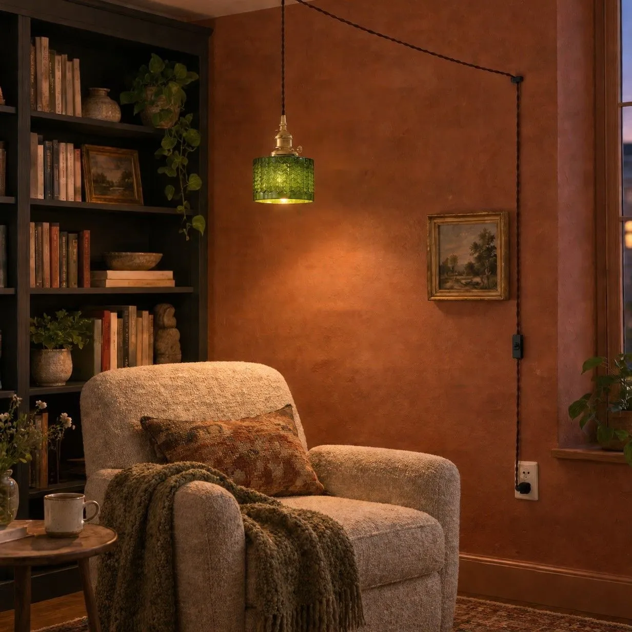 Lámpara colgante Cavella iluminada junto a un sillón de lectura vespertino con el cable de pared visible.