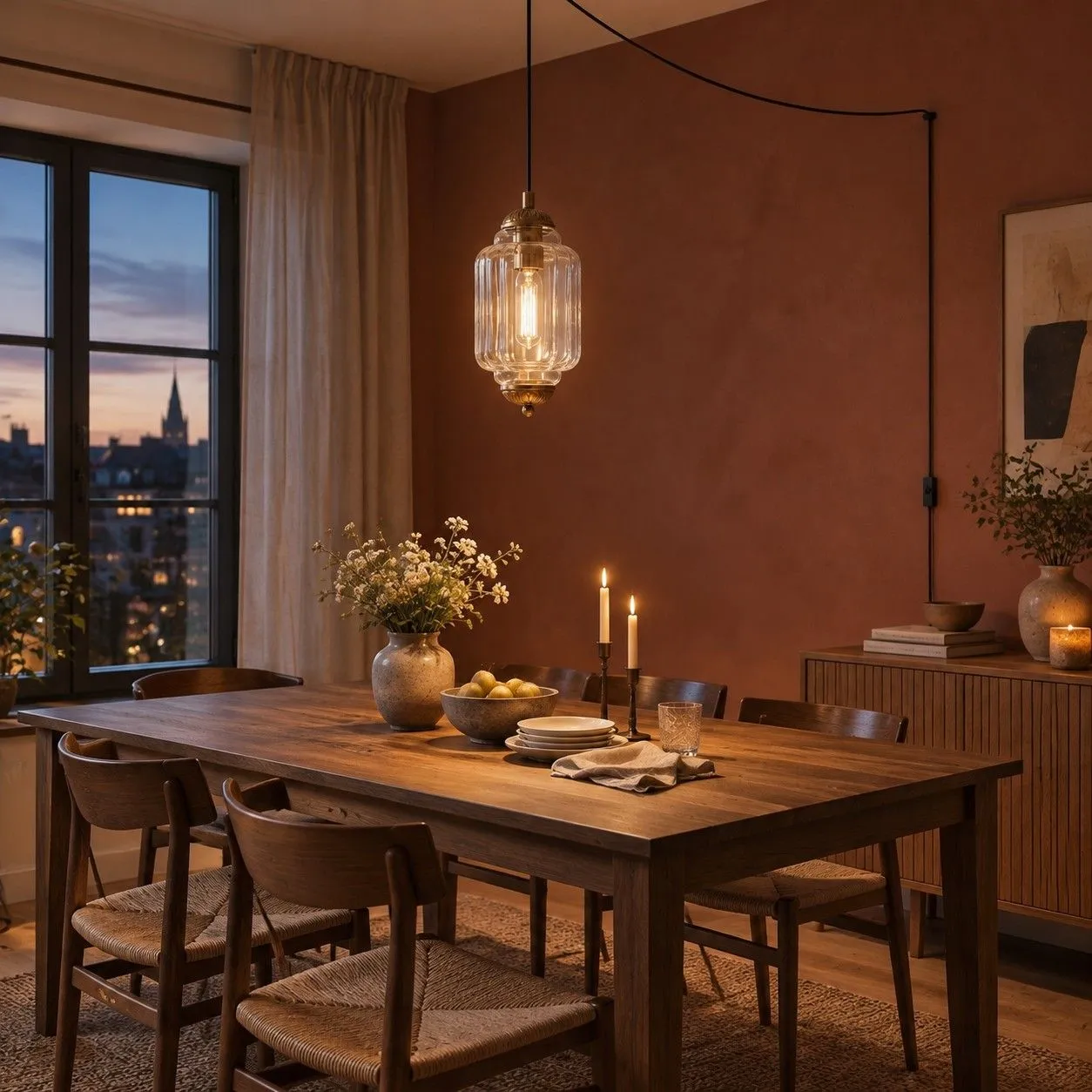 Lámpara colgante de cristal transparente sobre una mesa de comedor