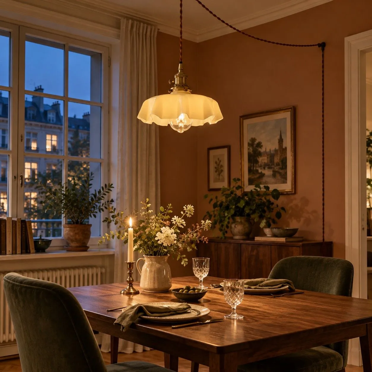 Suspension en verre beige au-dessus d'une table à manger compacte
