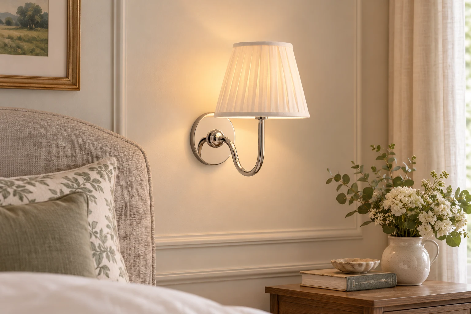 Complete Luvora wall sconce shown within a furnished interior