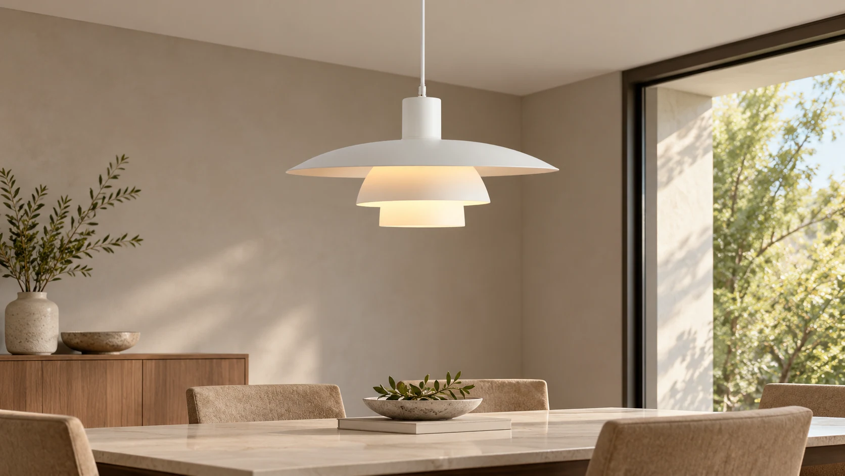 Three-tier disc pendant suspended in a dining room