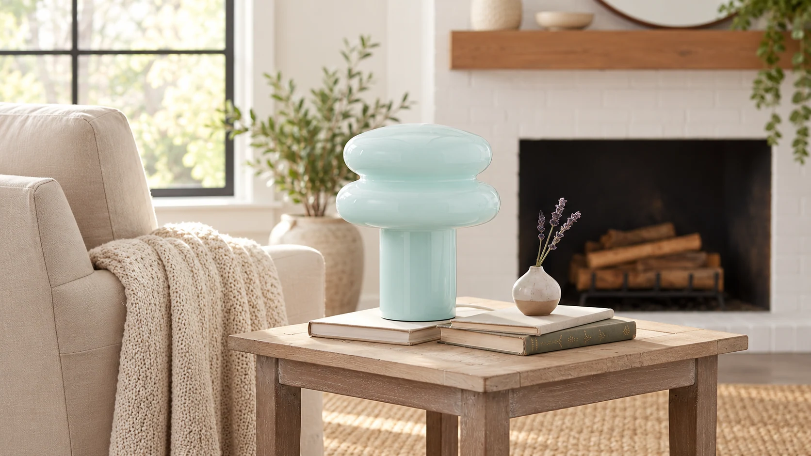 Orra light blue opal glass table lamp in a softly styled interior