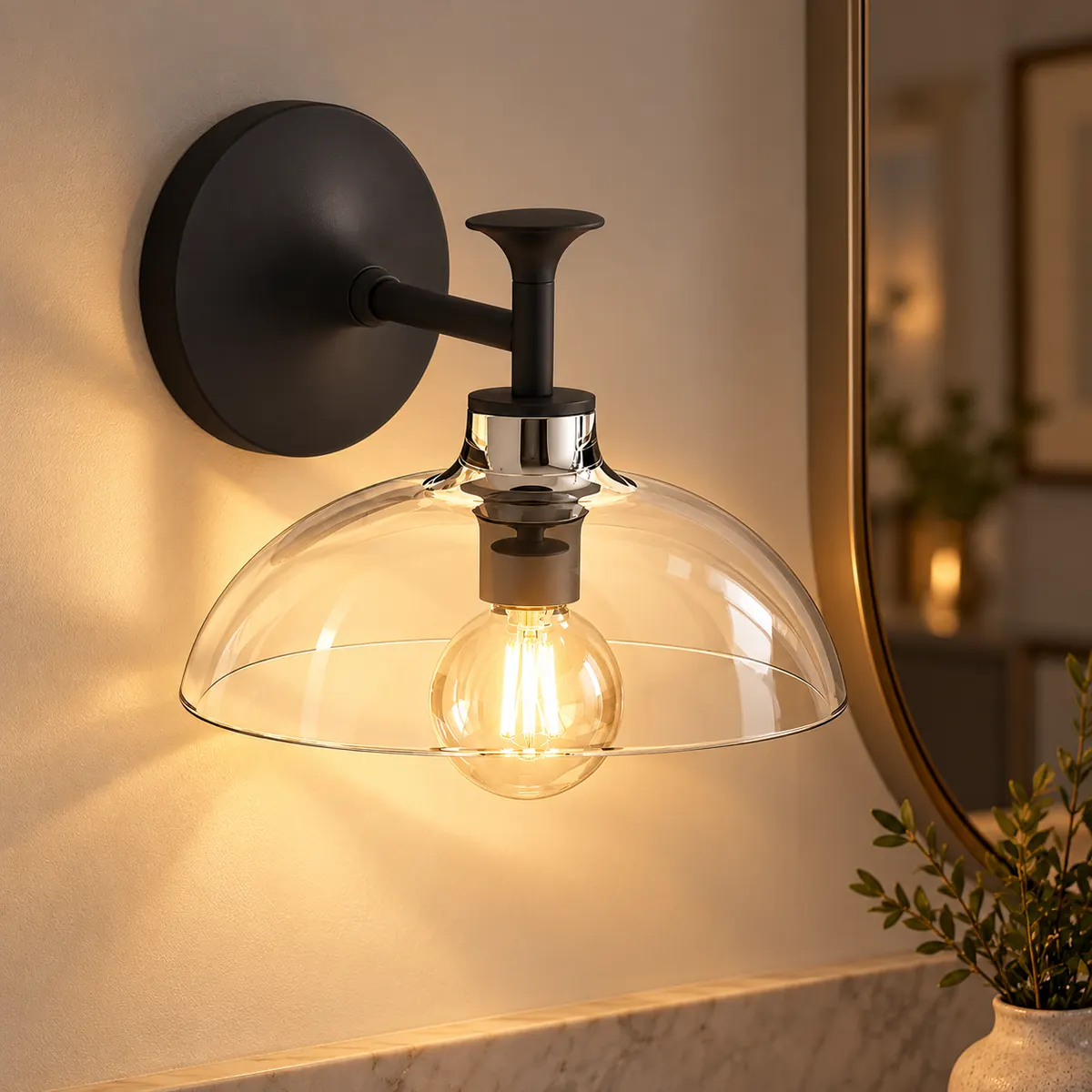 Glass-Dome Vanity Bar for a Mirror Wall