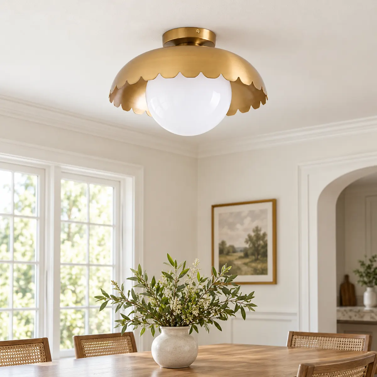 Scalloped Globe Flush Mount under a Metal Canopy