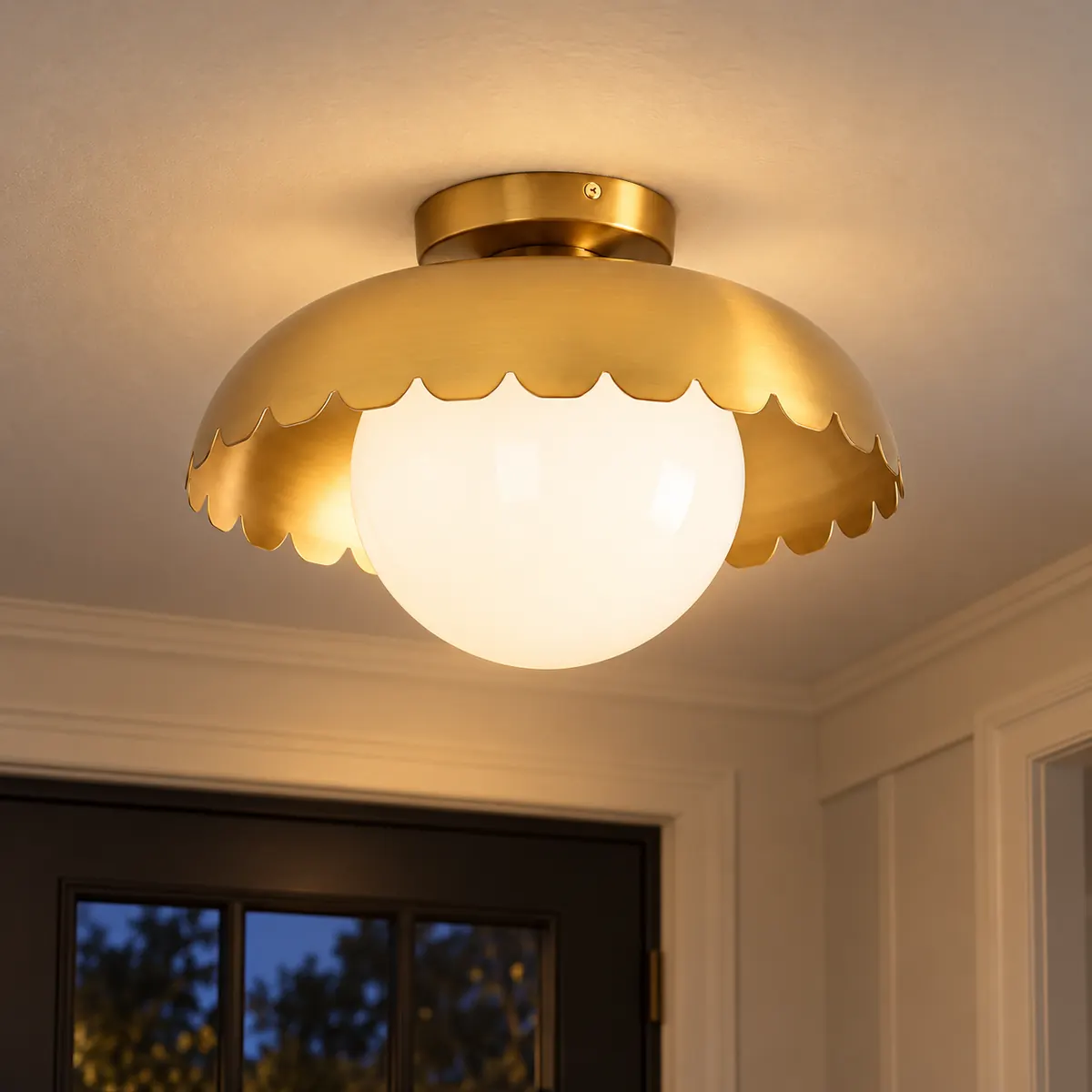 Scalloped Globe Flush Mount under a Metal Canopy