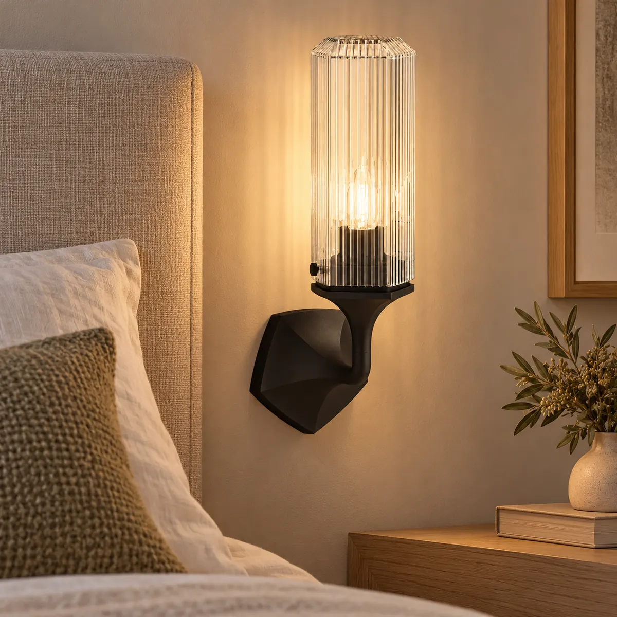 Fluted-Glass Wall Sconce on a Faceted Plate