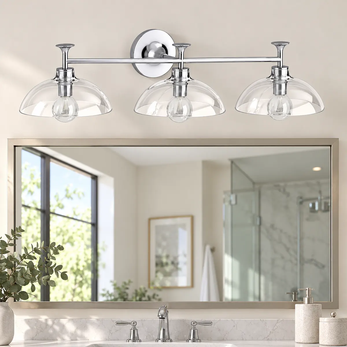 Glass-Dome Vanity Bar for a Mirror Wall