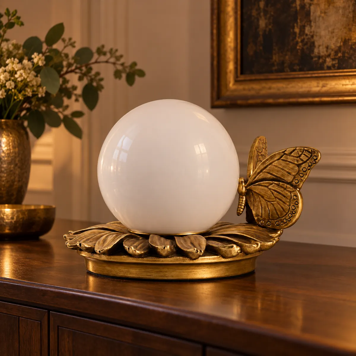 Globe Table Lamp with a Cast Butterfly