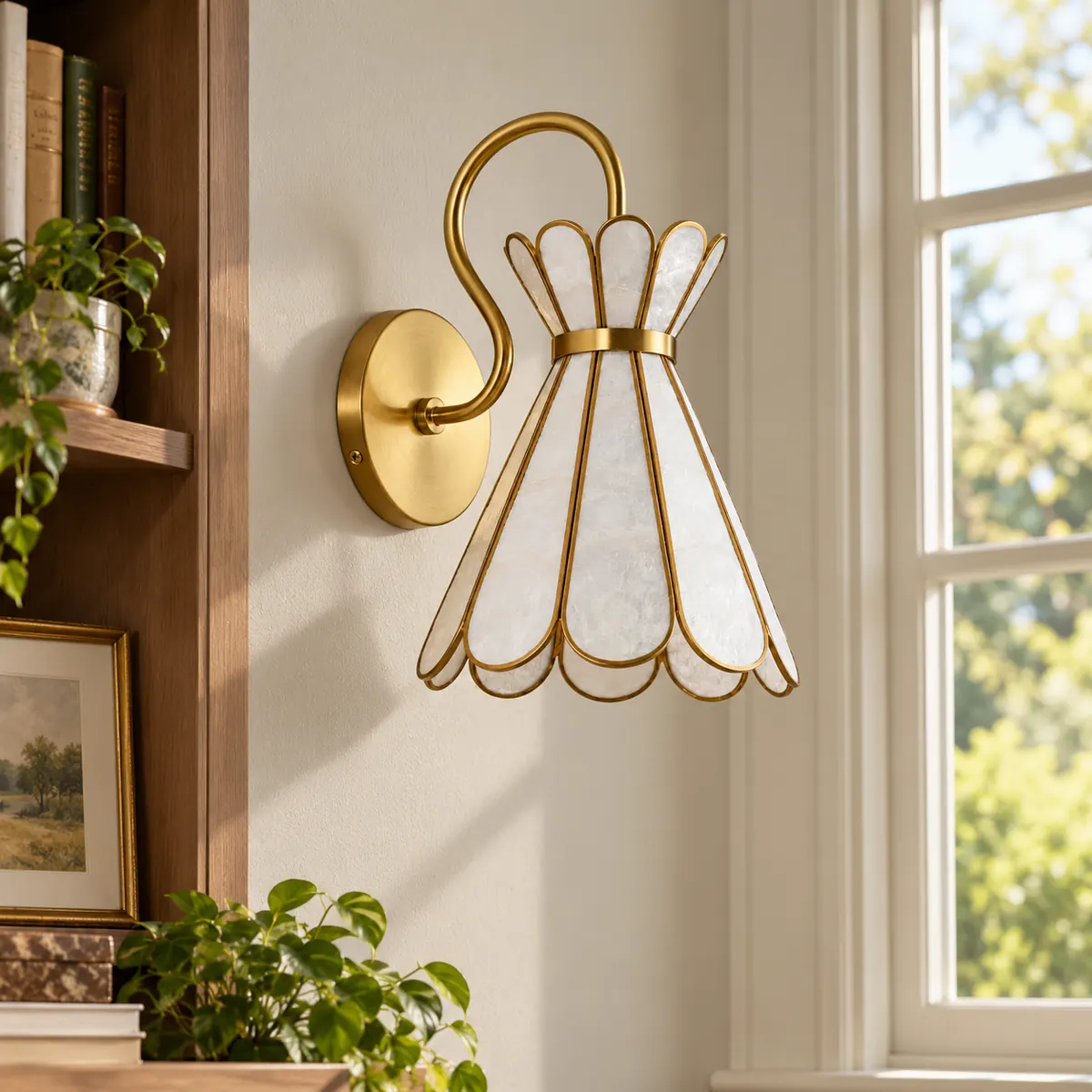 Scalloped Capiz Shade on a Curved Wall Arm