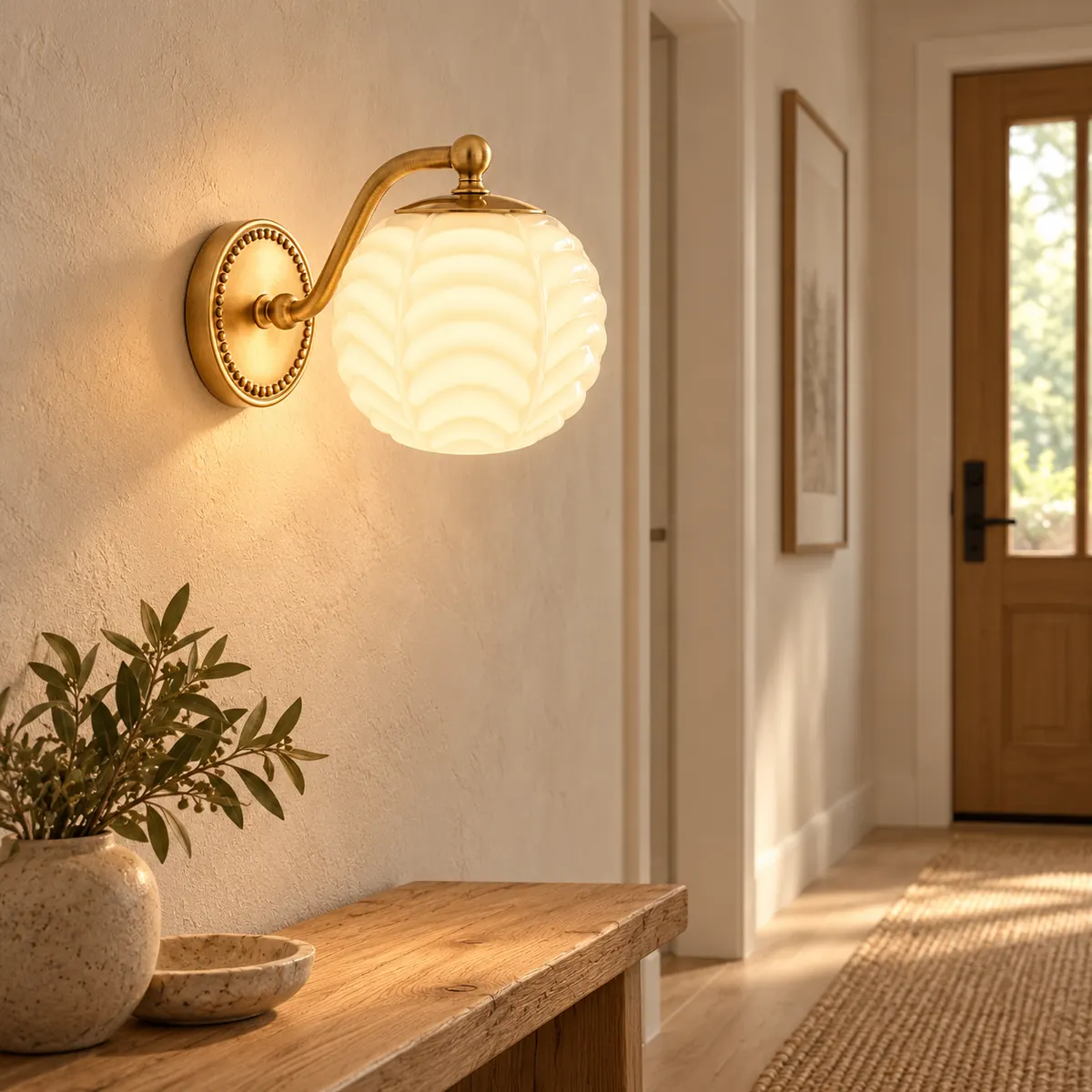 Beaded-Plate Wall Sconce with Ribbed Milk Glass