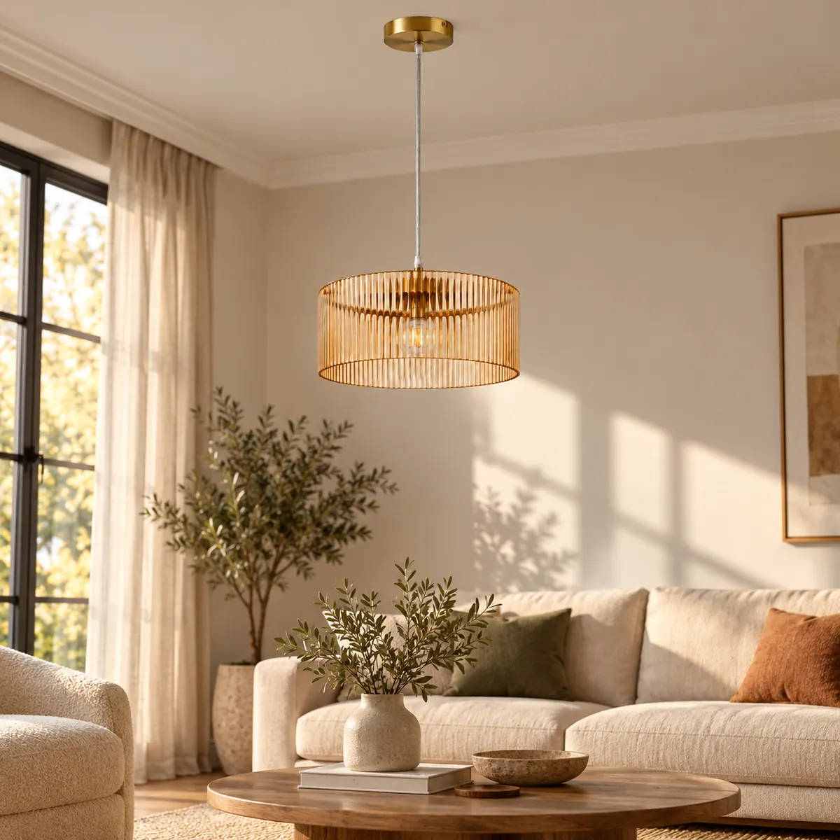 Ribbed Glass Drum Pendant on Metal Fittings