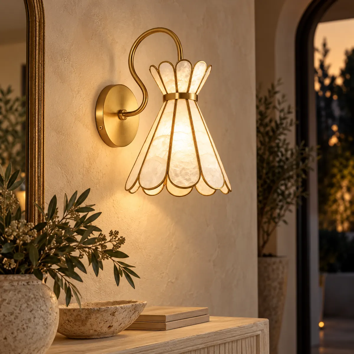 Scalloped Capiz Shade on a Curved Wall Arm