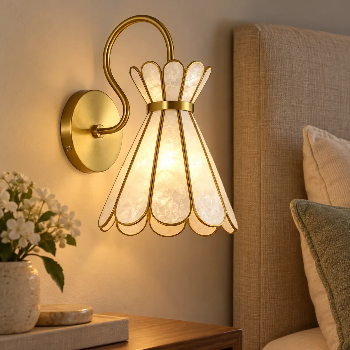 Scalloped Capiz Shade on a Curved Wall Arm