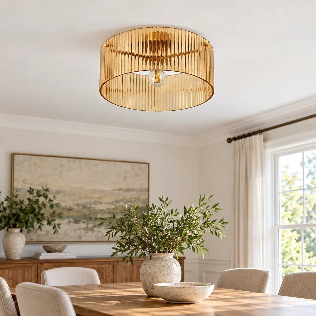 Ribbed Glass Flush Drum with a Warm Interior