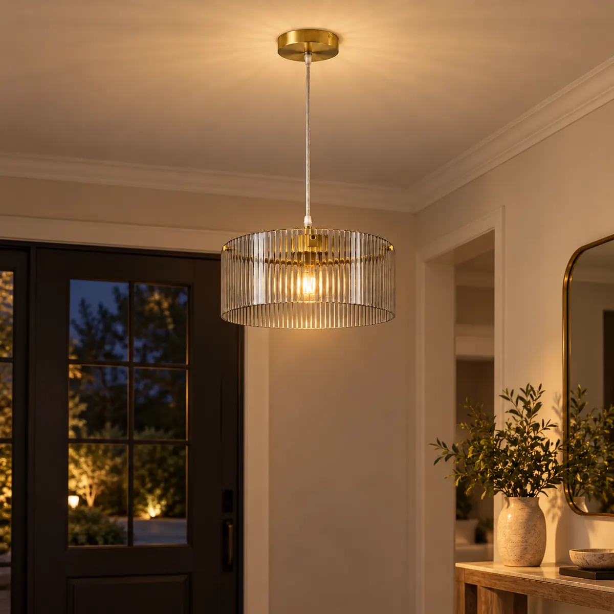 Ribbed Glass Drum Pendant on Metal Fittings