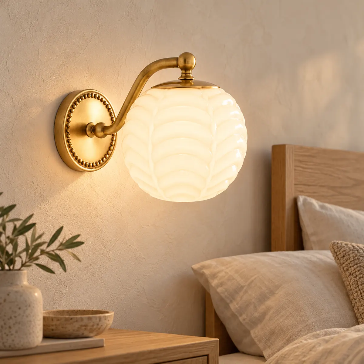 Beaded-Plate Wall Sconce with Ribbed Milk Glass