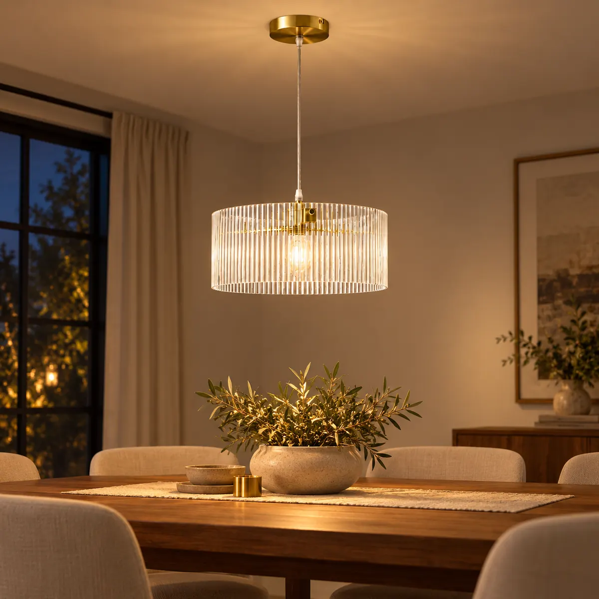 Ribbed Glass Drum Pendant on Metal Fittings
