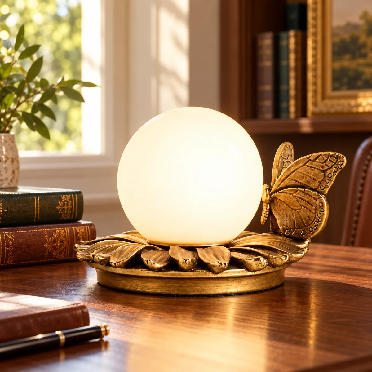 Globe Table Lamp with a Cast Butterfly