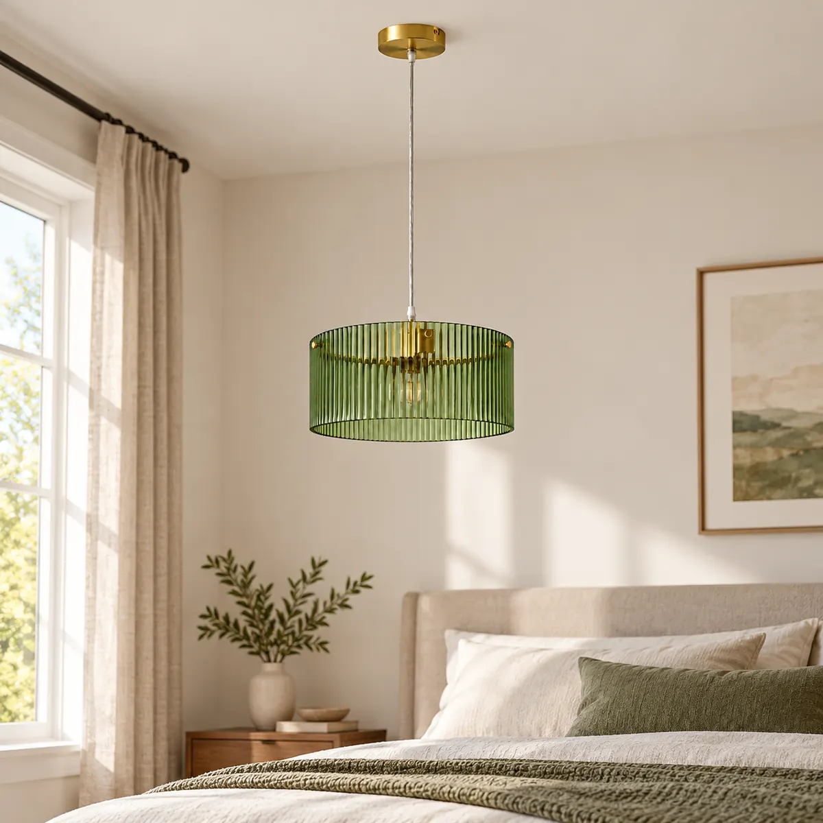Ribbed Glass Drum Pendant on Metal Fittings