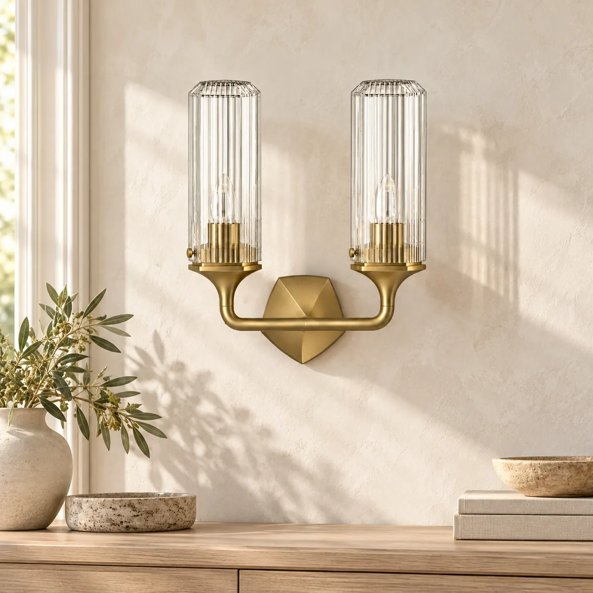 Fluted-Glass Wall Sconce on a Faceted Plate