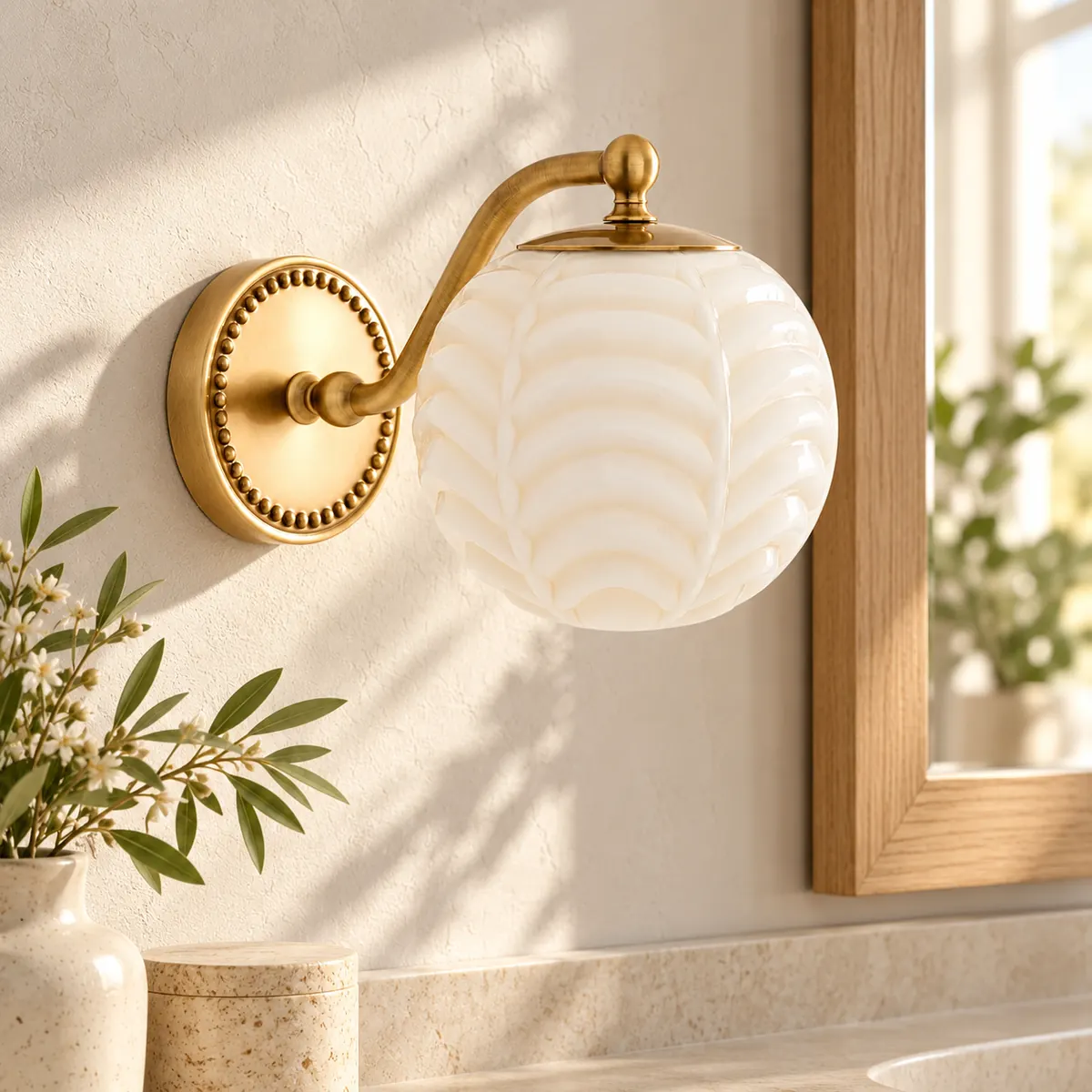 Beaded-Plate Wall Sconce with Ribbed Milk Glass