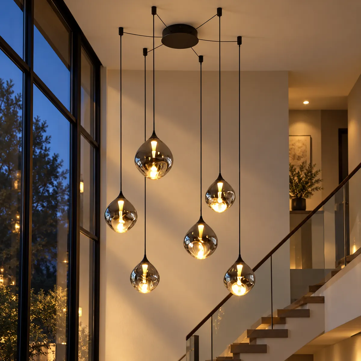 Cluster Pendant of Mouth-Blown Glass Shades