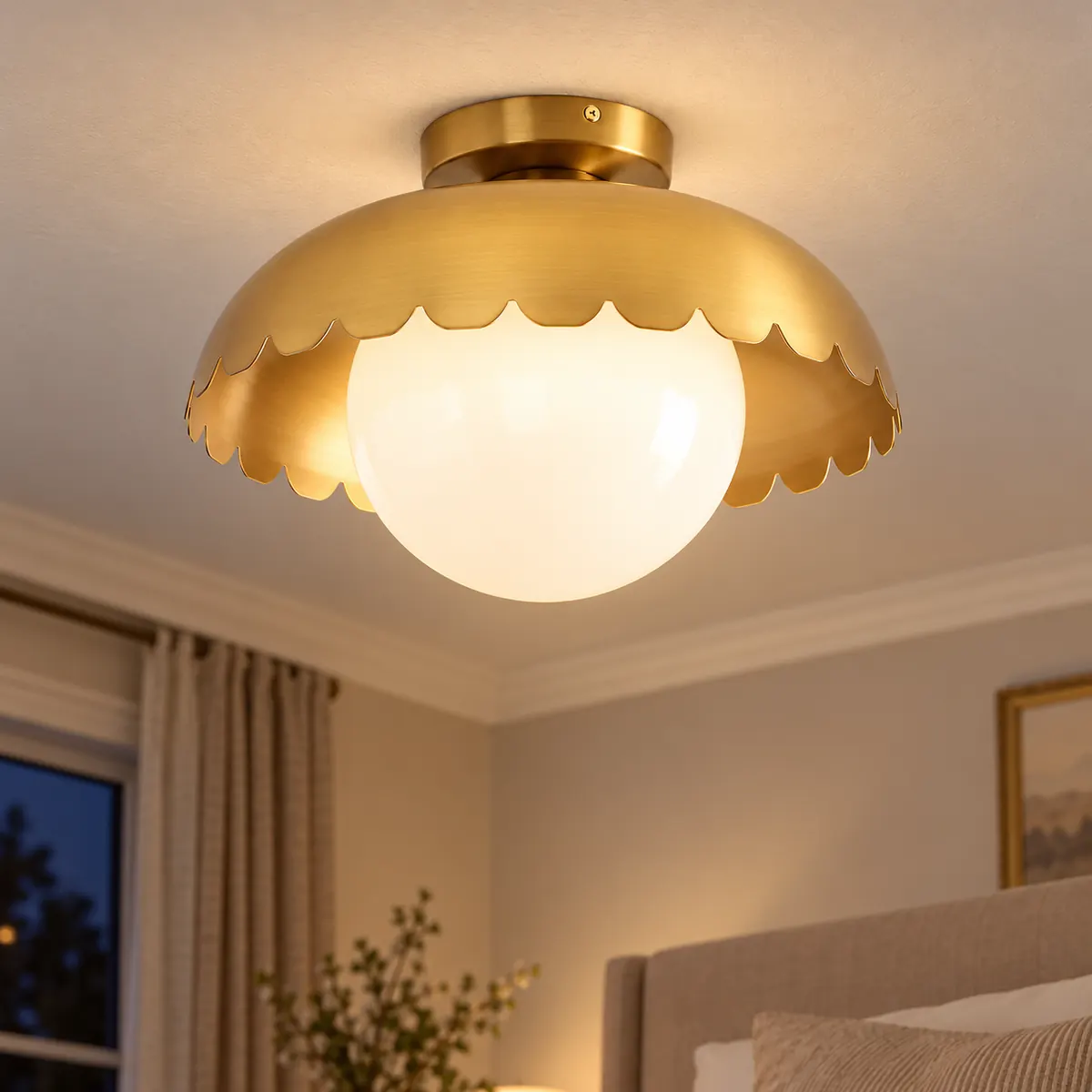 Scalloped Globe Flush Mount under a Metal Canopy