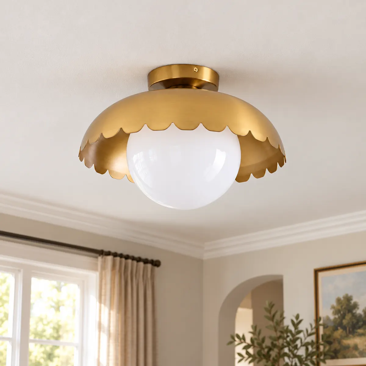 Scalloped Globe Flush Mount under a Metal Canopy