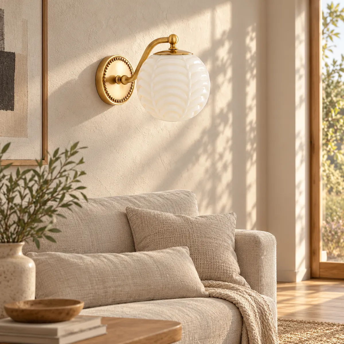 Beaded-Plate Wall Sconce with Ribbed Milk Glass