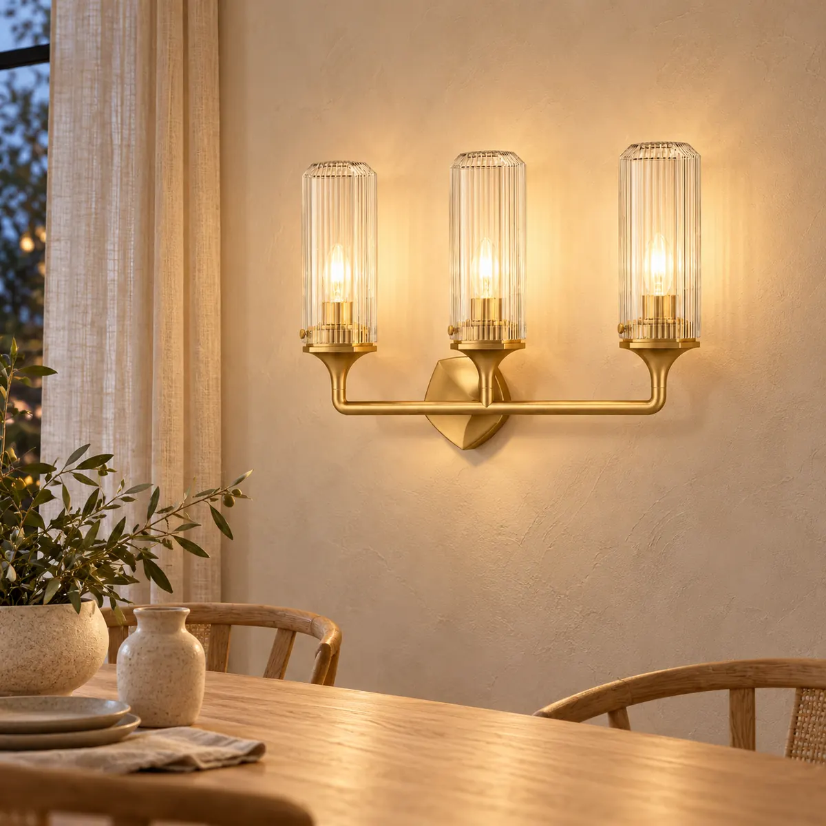 Fluted-Glass Wall Sconce on a Faceted Plate