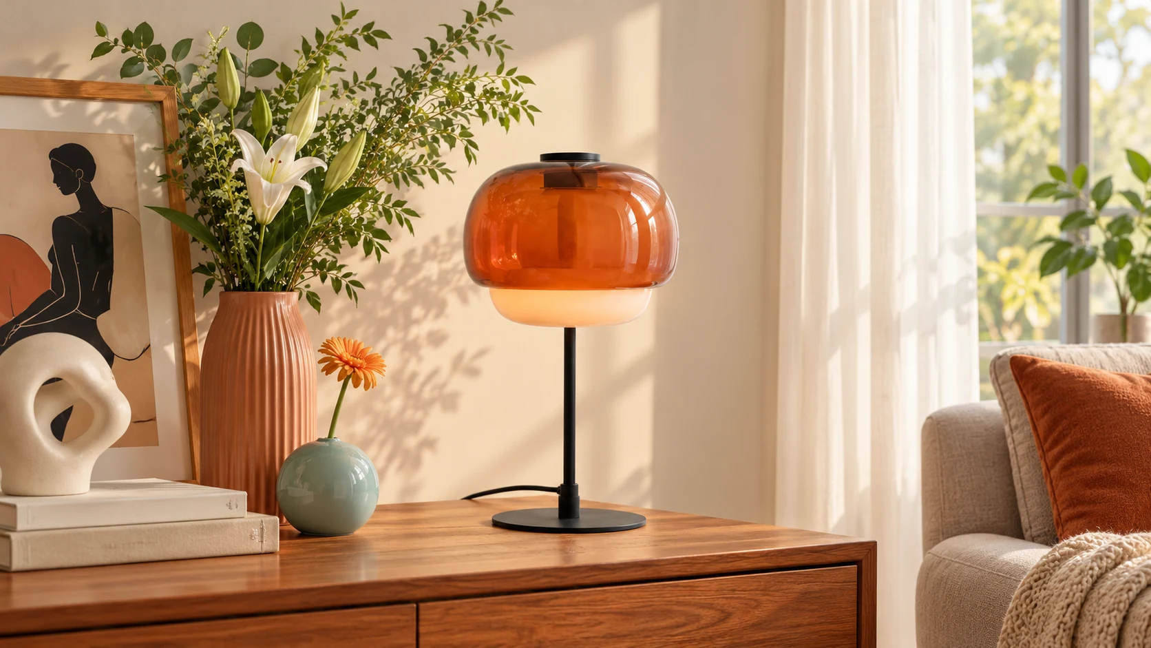 Clinco colored glass table lamp in a styled living space