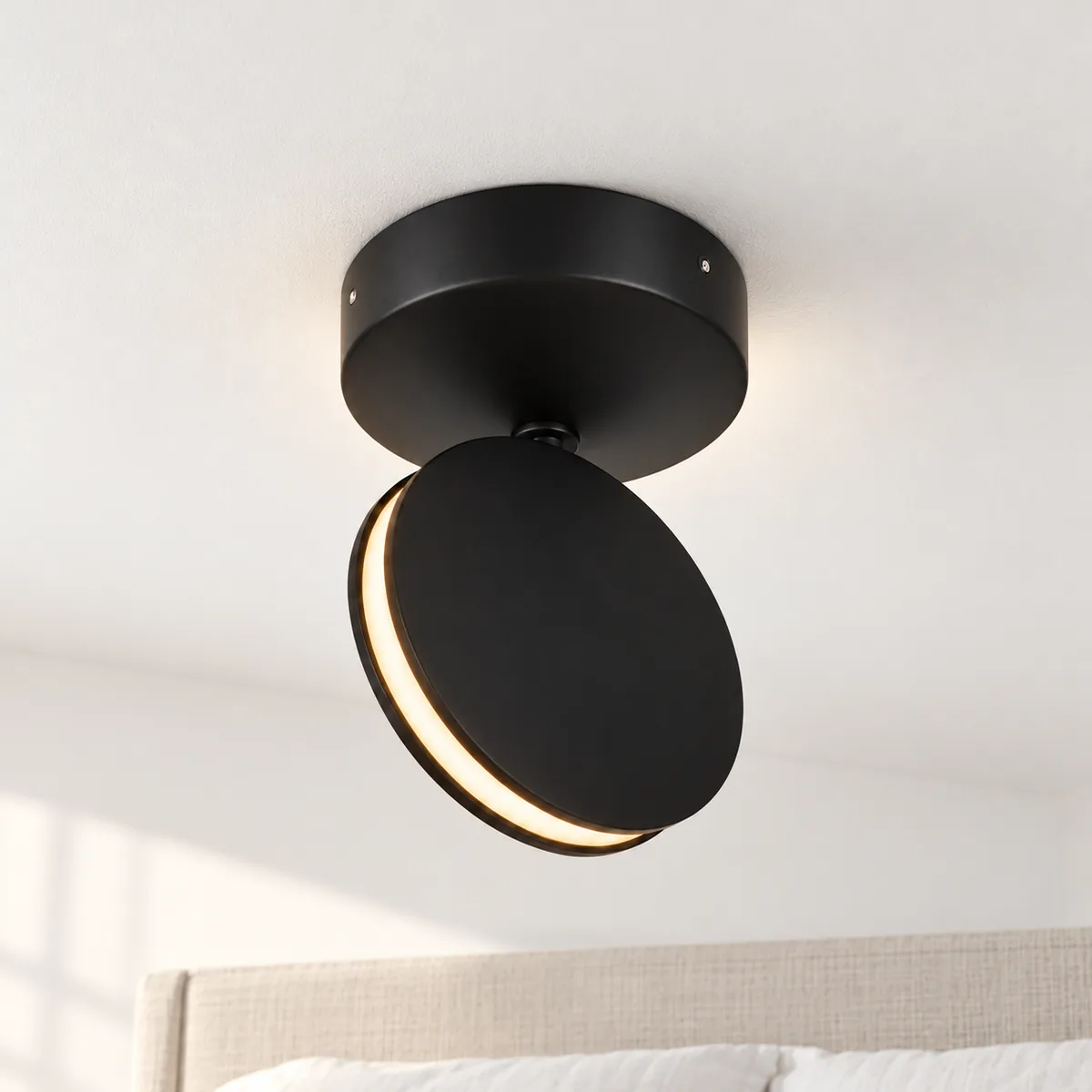 Black aluminium disc LED mounted on the ceiling